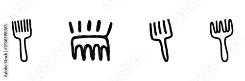 Afro Pick Comb Line Icon Set In Doodle Style. Hair Styling, Grooming, And Cultural Symbolism Outline Sketch Collection. Hand Drawn Isolated Vector Illustration