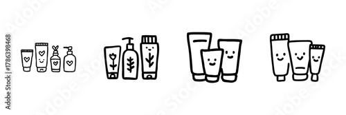 Cosmetic Bottles And Tubes Line Icon Set In Doodle Style. Skincare And Beauty Product Packaging Outline Sketch Collection. Personal Care And Hygiene. Hand Drawn Isolated Vector Illustration