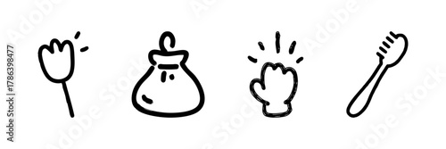 Flower, Money Bag, Oven Mitt, And Toothbrush Line Icon Set In Doodle Style. Nature, Finance, Cooking, And Dental Care Outline Sketch Collection. Hand Drawn Isolated Vector Illustration