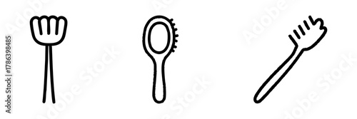 Hair Care Tools Line Icon Set In Doodle Style. Hairbrush, Comb, And Scalp Massager Outline Sketch Collection. Personal Grooming And Styling Essentials. Hand Drawn Isolated Vector Illustration