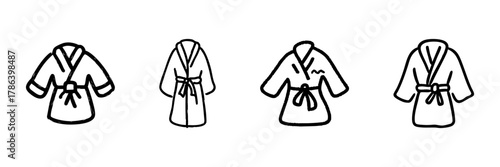 Bathrobe Line Icon Set In Doodle Style. Comfort, Relaxation, And Spa Experience Outline Sketch Collection. Home Leisure And Wellness. Hand Drawn Isolated Vector Illustration