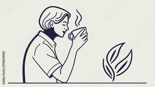Woman smelling the steam from a cup of tea or coffee, with a plant symbol nearby.