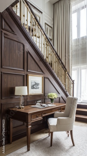 micro neoclassic vertical, walnut desk under stair, brass balustrade loft, paneled walls, linen curtains, balanced daylight, depth of field