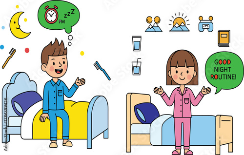 Cute kids bedtime routine illustration, brushing teeth, drinking water, reading book, good night sleep hygiene cartoon concept