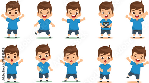Cute little boy cartoon character showing different emotions and actions, kids expression set illustration, emotional learning concept
