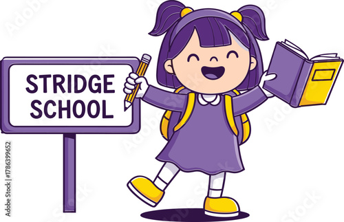 Happy little schoolgirl holding pencil and book near school sign, cheerful student cartoon illustration, education learning concept