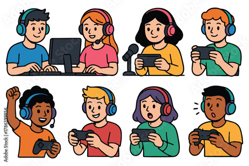 Diverse group of children playing video games with headsets and controllers