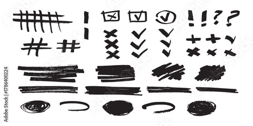 Hand-drawn grunge marker elements: checks, crosses, tallies, hashtags, underlines