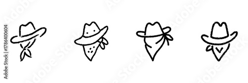 Cowboy Hat And Bandana Line Icon Set In Doodle Style. Western Theme, Outlaw, And Rodeo Culture Outline Sketch Collection. Hand Drawn Isolated Vector Illustration