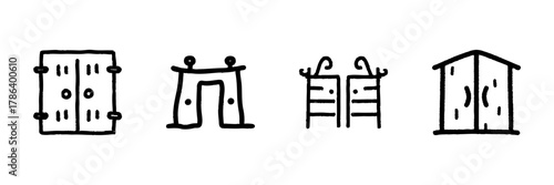 Various Door And Gate Line Icon Set In Doodle Style. Architectural Entryways And Access Points Outline Sketch Collection. Hand Drawn Isolated Vector Illustration