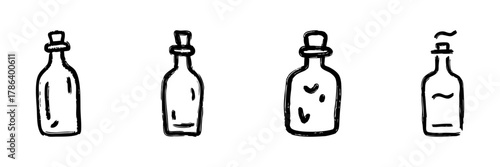 Glass Bottles Line Icon Set In Doodle Style. Vintage Containers, Potion Storage, And Decorative Vessels Outline Sketch Collection. Hand Drawn Isolated Vector Illustration