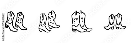 Cowboy Boots Line Icon Set In Doodle Style. Western Fashion, Ranch Wear, And Country Style Footwear Outline Sketch Collection. Hand Drawn Isolated Vector Illustration