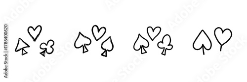Playing Card Suits Line Icon Set In Doodle Style. Poker, Gambling, And Casino Symbols Outline Sketch Collection. Hand Drawn Isolated Vector Illustration