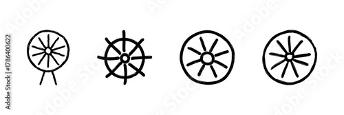 Ferris Wheel And Ship Wheel Line Icon Set In Doodle Style. Amusement Park Fun And Nautical Navigation Outline Sketch Collection. Hand Drawn Isolated Vector Illustration