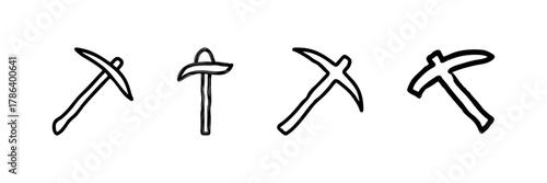 Pickaxe Line Icon Set In Doodle Style. Mining, Excavation, And Construction Tools Outline Sketch Collection. Hand Drawn Isolated Vector Illustration