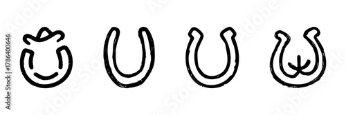 Horseshoe Line Icon Set In Doodle Style. Luck, Protection, And Western Symbolism Outline Sketch Collection. Rustic Charm And Good Fortune. Hand Drawn Isolated Vector Illustration