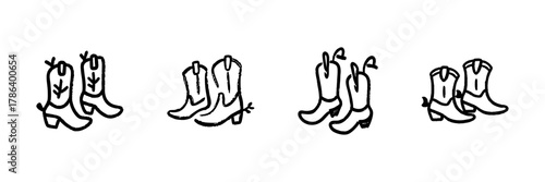 Cowboy Boots Line Icon Set In Doodle Style. Western Fashion, Ranch Wear, And Country Style Footwear Outline Sketch Collection. Hand Drawn Isolated Vector Illustration
