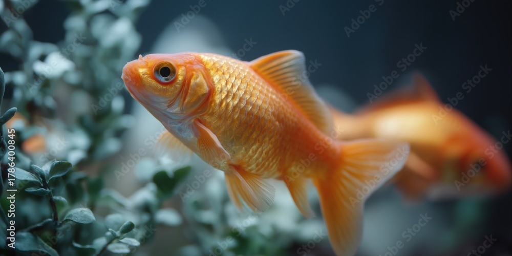Fototapeta premium Orange goldfish swimming gracefully in aquarium with lush greenery