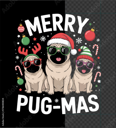 Illustration of three cute pugs wearing sunglasses and christmas hats, with text merry pugmas