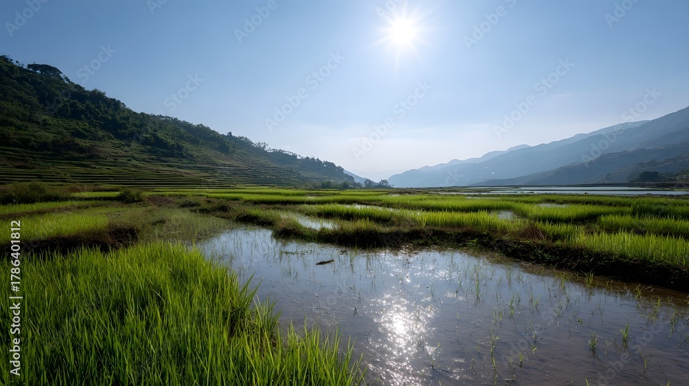 Fototapeta premium Vibrant green rice terraces with reflective water under a bright midday sun surrounded by rolling hills and mountains in a serene rural landscape