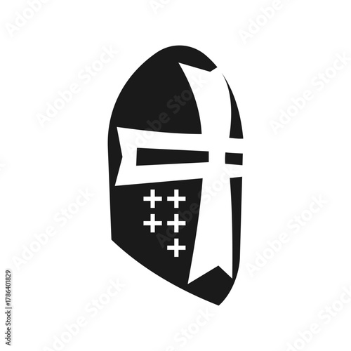 A black and white graphic illustration of a medieval knight's great helm with a prominent cross design and smaller crosses on the side.