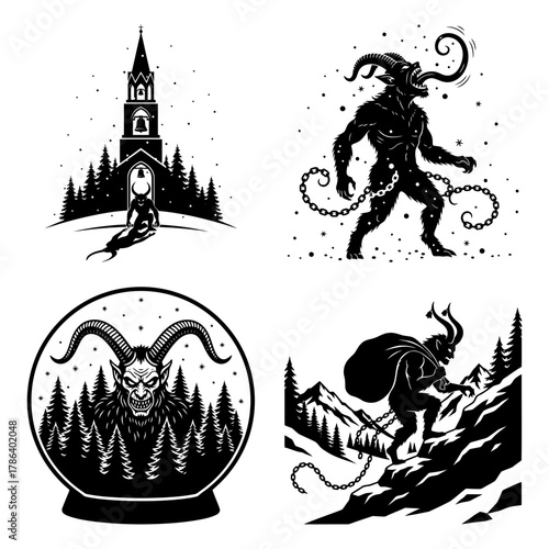 Krampus Mask Profiles Fangs Antlers Monochrome Bundle