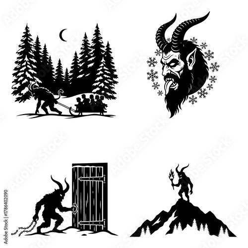 Krampus Alpine Village Night Snow Mountain Vector Kit