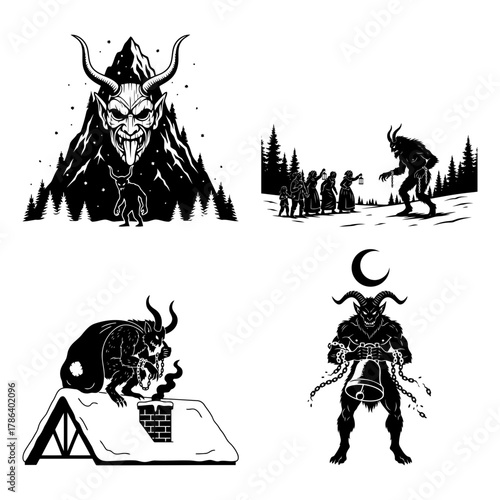 Krampus Horns Mask Silhouette Black and White Icon Set