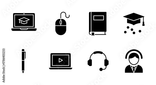 Educational icons: online learning, graduation, and digital communication set