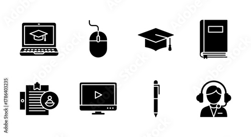 Education icons set: online learning, technology, and communication symbols