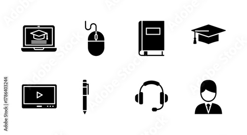 Online education icons set: technology, learning, and communication symbols