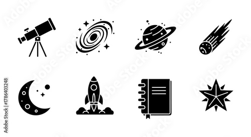 Cosmic icons: telescope, galaxy, saturn, comet, moon, rocket, journal, star