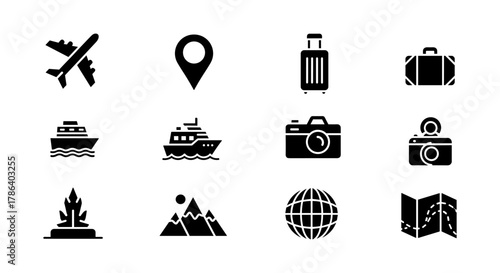 Travel icons collection: airplane, ship, camera, location, luggage, map, globe, adventure symbols