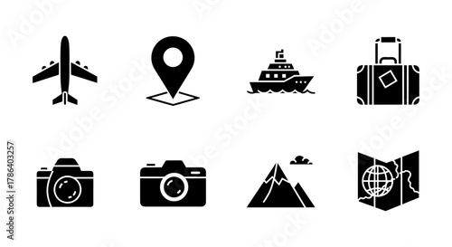 Travel icons collection: airplane, camera, cruise, mountains, map, luggage