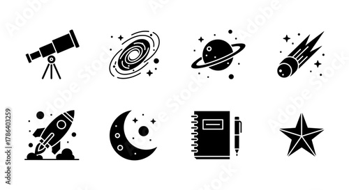 Astronomy icons set: telescope, galaxy, planet, comet, rocket, moon, notebook, star