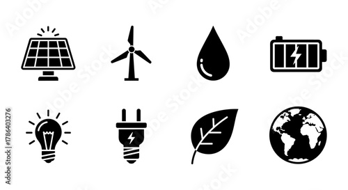 Eco-friendly icons set featuring renewable energy and sustainability symbols in silhouette style
