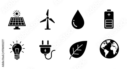 Renewable energy icons set featuring solar panel, wind turbine, water drop, and more in silhouette style