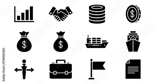 Business and finance icons: charts, currency, shipping, and contracts in silhouette style