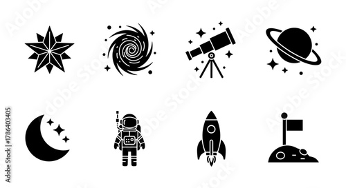 Space exploration icons: astronaut, telescope, rocket, planet, and more