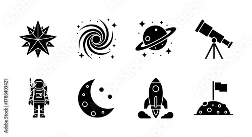 Space icons set: astronaut, rocket, telescope, and more in bold silhouette style