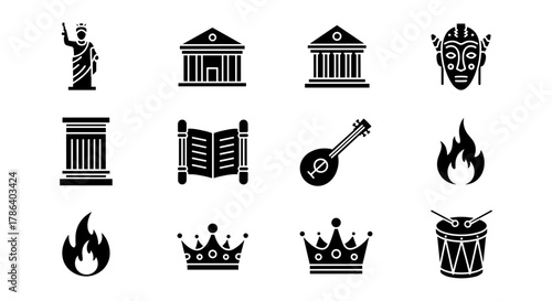 Icon set: ancient cultures with temples, masks, and musical instruments