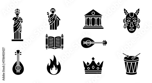 Cultural icon set: ancient art, music, and symbols in bold silhouette style