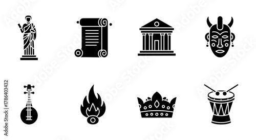 Set of iconic ancient symbols in silhouette style featuring musical instruments and architecture