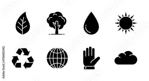Eco-friendly symbols: nature, recycling, and sustainability icons in black silhouette