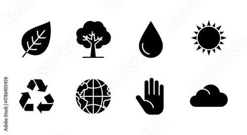 Minimalist environmental icons: nature, recycling, sustainability in bold silhouette