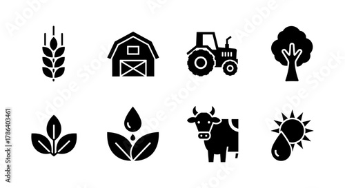 Silhouette farm icons: tractor, barn, cow, wheat, and more agricultural symbols