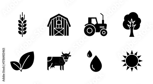 Essential farm icons: tractor, barn, cow, tree, sun, wheat, water, leaf silhouettes
