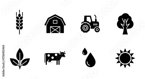 Farm elements silhouette set: barn, tractor, cow, tree, and sun icons