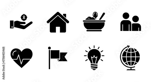 Minimalist black icons set: wellness, home, dining, community, health, goals, ideas, global