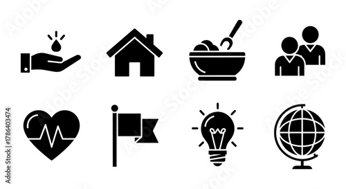 Essential modern icons set: home, health, communication, and innovation in bold style